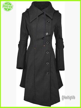 Wool Blend Long Trench Coat with Hood - Steampunk Goth Pea Coat